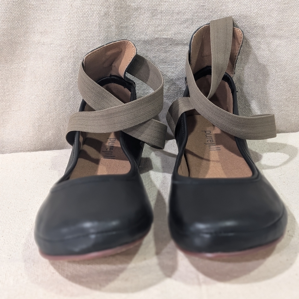 Pure J Jill Black Leather Ballet Flats Elastic Ankle Straps Shoes Womens 7M
